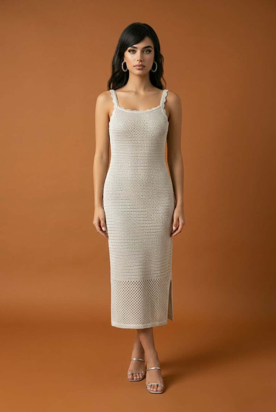 Joie Metallic Crochet Knit Scalloped Strap Midi Dress